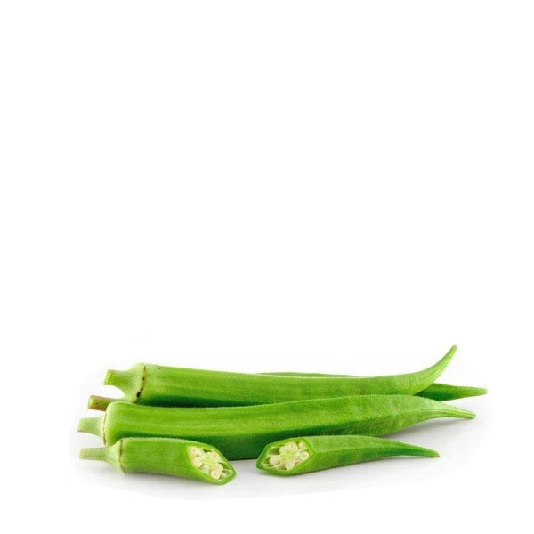 Fresh large okra vegetable from Kenya in a 0.5 kg pack, showcasing vibrant green pods on a white background.