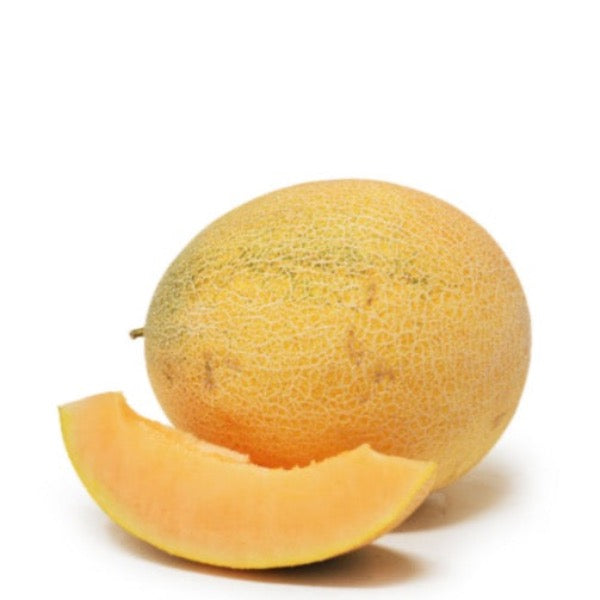 Fresh local melon from Local Market, single sweet fruit piece with vibrant green exterior and juicy orange interior.