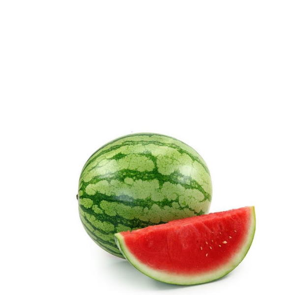 Holland Watermelon Mini fruit, a single small ripe watermelon with green striped rind and juicy red interior.