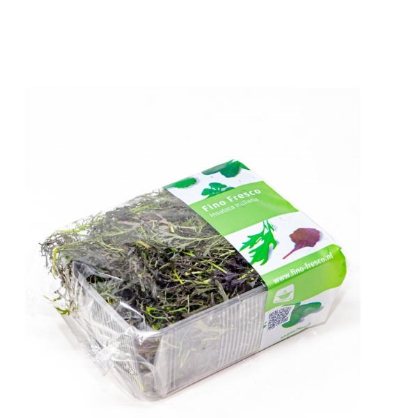 Fresh red Mizuna lettuce from Holland, a nutritious vegetable pack showing vibrant leaves in a 0.125 kg package.