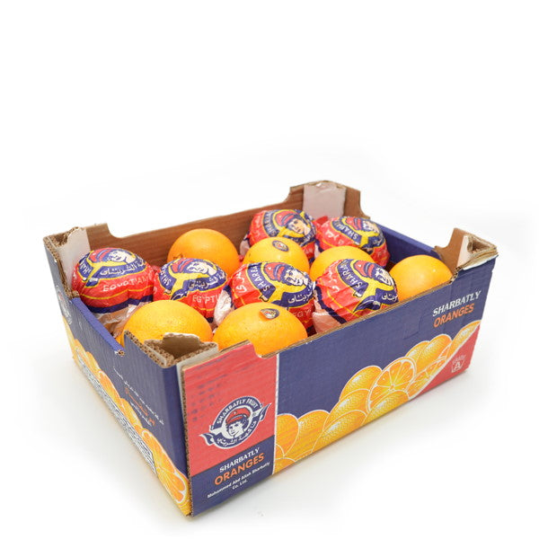 Sharbatly orange navel fruit carton, 7.5 kg box of fresh, bright orange navel oranges ready for sale.