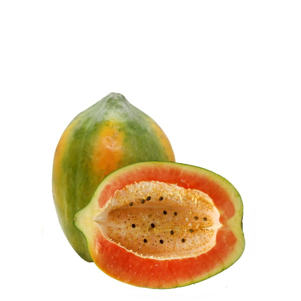 Unripe baladi papaya from Local Market, whole fresh fruit with green skin, ready for ripening or cooking.