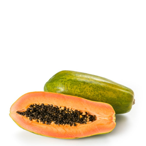Fresh Tainung Formosa papaya from Thailand, single ripe fruit with orange flesh and green skin, ready to eat.