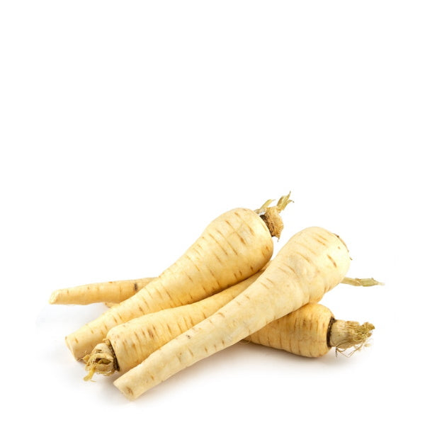 Fresh Holland parsnips in a 1 kg pack, showcasing their white, tapered vegetable shape on a clean surface.