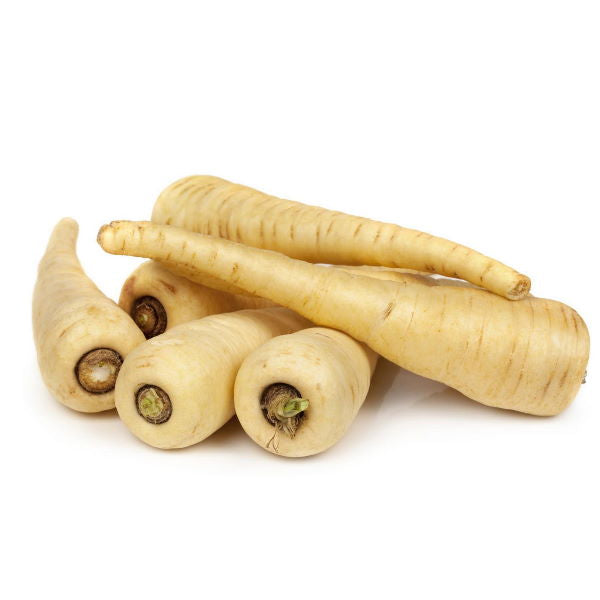 Fresh Holland parsnips in a 1 kg vegetable pack, showing the white root vegetable with leafy tops.