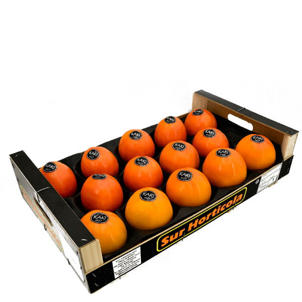 Fresh Sharbatly persimmons in a 4.5 kg carton, vibrant orange kaki fruit ready for ripening or consumption.