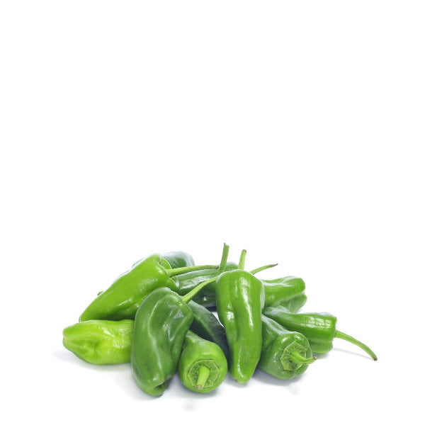 Holland shushito chili peppers, Pimiento Padron variety, fresh green vegetable in 0.3 kg pack, shown in a natural outdoor setting.