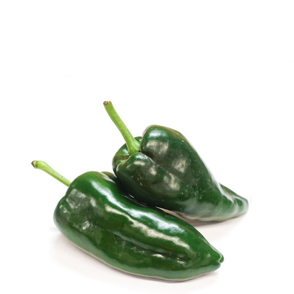 Fresh green Poblano peppers in a 0.350 kg pack from Holland, shown on a white background.