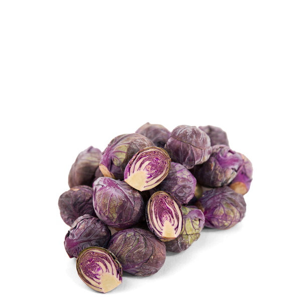 Fresh baby purple Brussels sprouts from Holland in a 0.5 kg pack, showcasing vibrant purple-green vegetable clusters.
