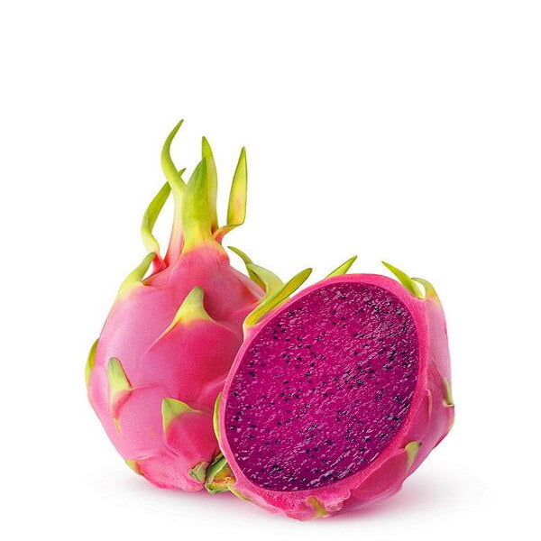 Fresh purple Dragon fruit with vibrant purple flesh and red skin, displayed as a single piece from Thailand.