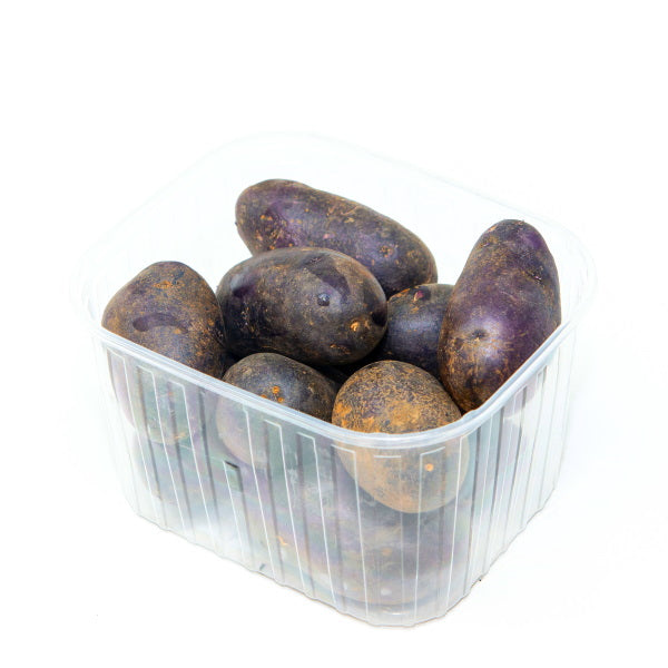 Holland Vitelotte purple potatoes, 1 kg pack, fresh and vibrant purple vegetable with smooth skin and round shape.
