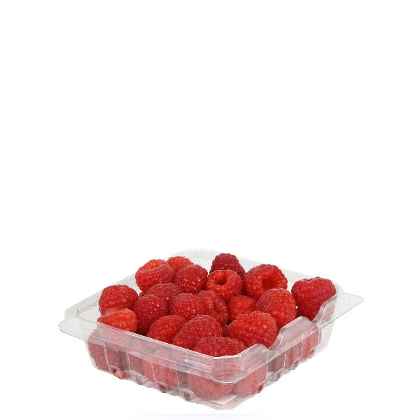 Fresh Sharbatly raspberries in a 125-gram pack, showcasing ripe, red berries with green leaves on a white background.