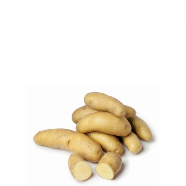 Holland La Ratte potatoes in a 1 kg pack, fresh vegetable with small, elongated, brown-skinned tubers on a white background.