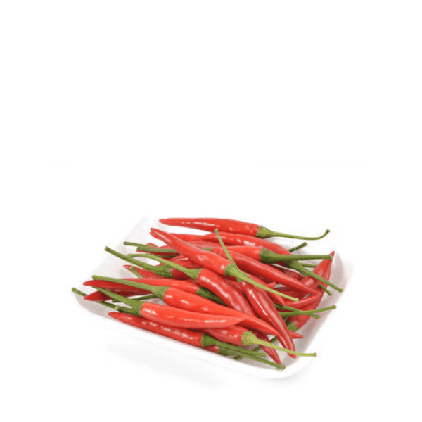 Fresh baby Thai red chilies from Thailand, small spicy vegetables in a 0.1 kg pack, vibrant red color and firm texture.