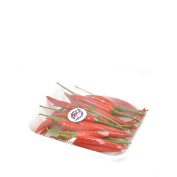 Fresh baby Thai red chilies in a 0.1 kg pack, vibrant and flavorful Thai vegetable, shown in a clear image.