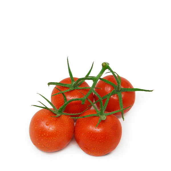 Red hydroponic tomatoes on the vine in a 5 kg carton from Dava Farm, fresh and ripe vegetable produce.
