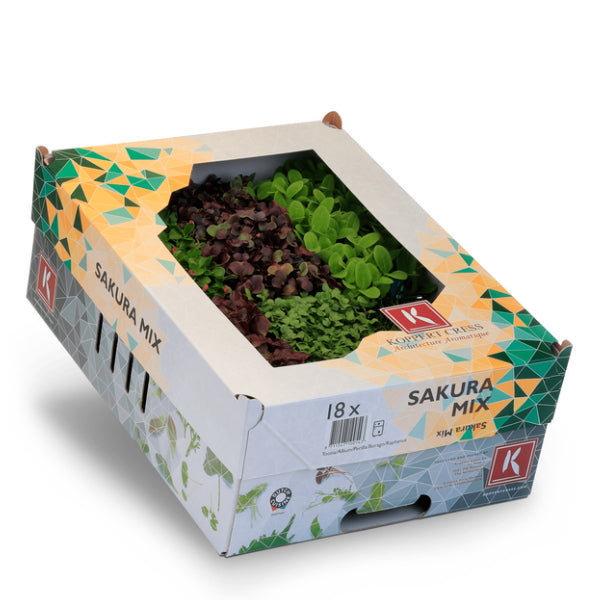 Assorted Sakura mix herbs from Holland, featuring vibrant pink and green cress leaves in a 16-piece gourmet herb pack.