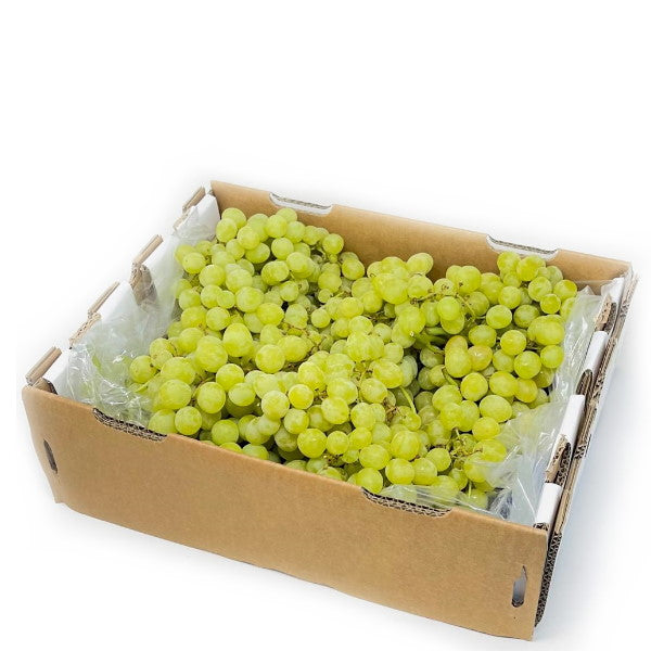 White seedless grapes in a 4.5 kg carton, fresh fruit from Sharbatly, with plump, juicy grapes visible in the image.