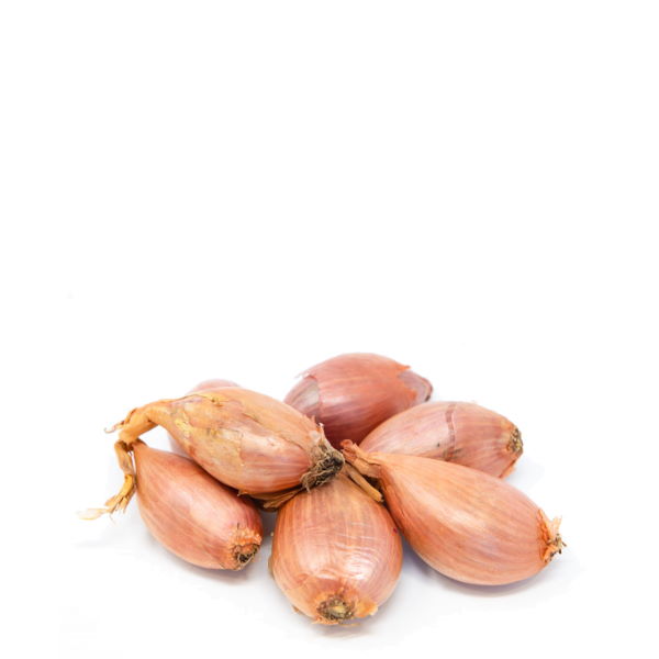 Round shallots from Holland in a 0.25 kg pack, fresh vegetable with reddish-brown skins and bulbous shape.