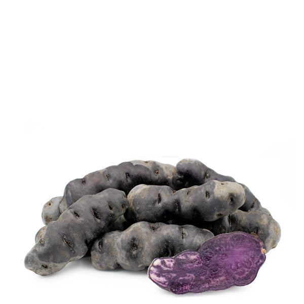 Purple long Chinese truffle potatoes in 1 kg pack, fresh Holland vegetable with smooth skin and vibrant purple color.