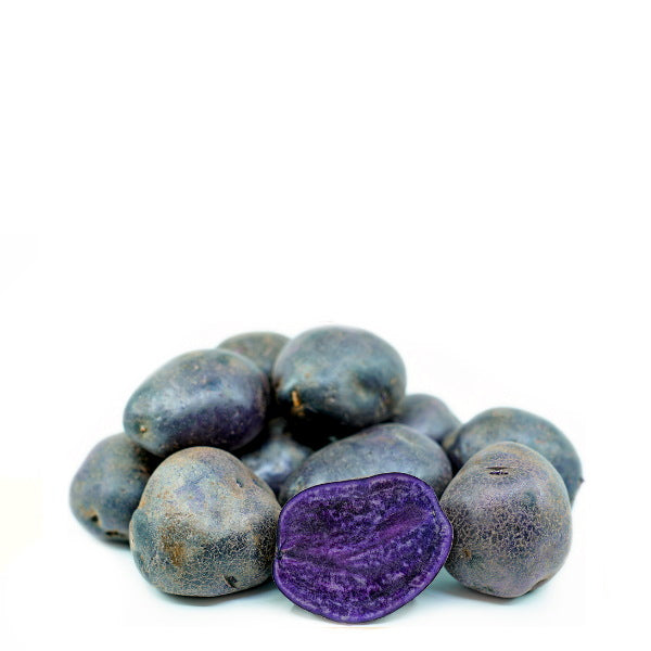 Holland Vitelotte purple potatoes in a 1kg pack, fresh vegetable tubers with vibrant purple skin and irregular shape.