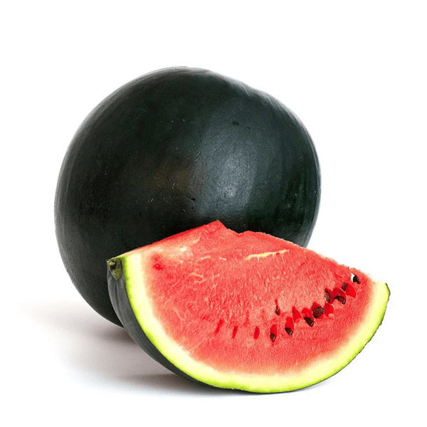 Fresh whole watermelon with black skin, single piece, from Sharbatly, showcasing its vibrant green rind and juicy interior.