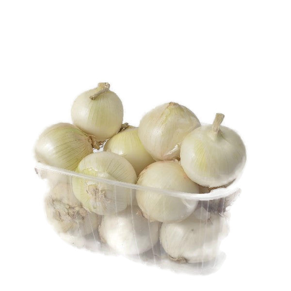 White onions in a 2 kg bag from Local Market, fresh vegetable with papery skins and round shape.