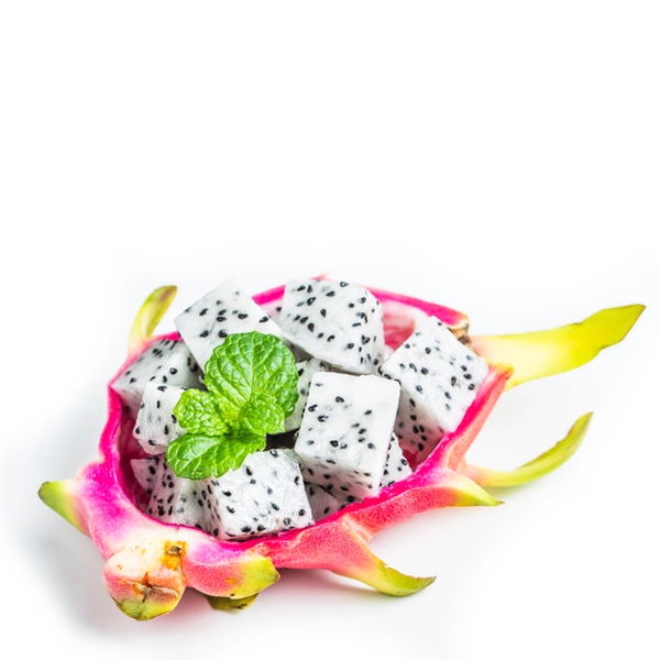 Two white pitaya dragon fruits from Thailand with vibrant white flesh and spiky green skin, fresh and ready to eat.