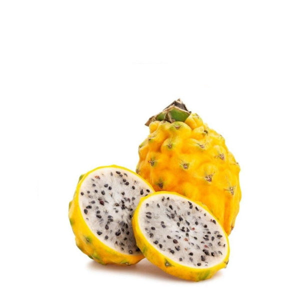 Single yellow dragon fruit (yellow pitaya) from Holland, showcasing vibrant yellow skin and fresh interior.
