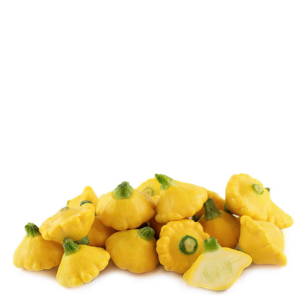 Yellow patty pan squash vegetable from Holland, 0.2 kg pack, showing vibrant yellow, round, scalloped-edged squash on a white background.